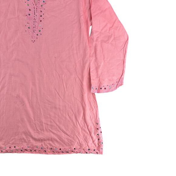 Pink Embroidered Cotton Tunic Dress Boho Kurti Midi Sequins 3/4 Sleeve Large - Picture 3 of 7